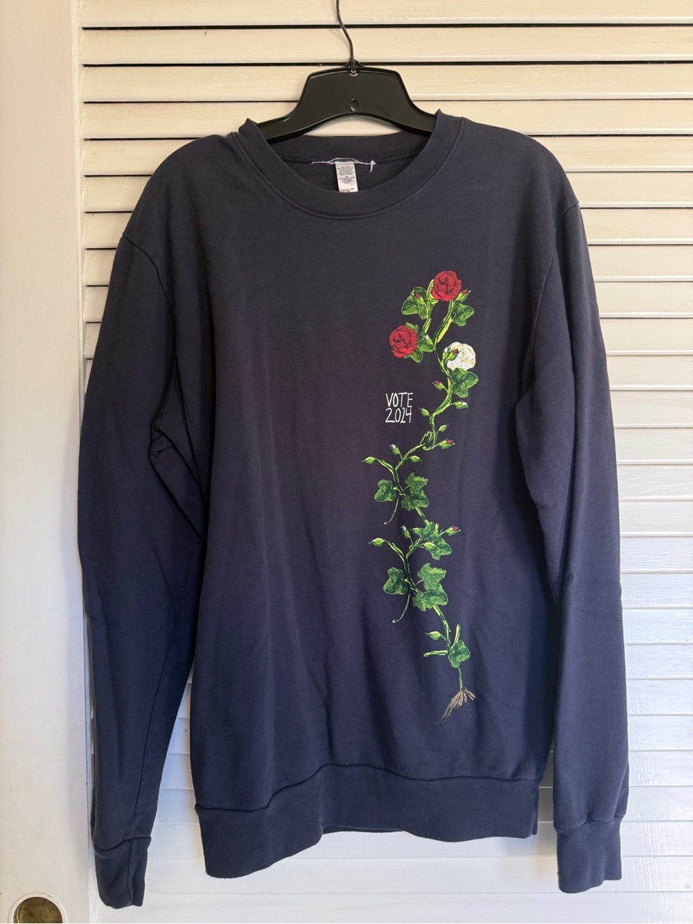 Vote 2024 Navy Crewneck with Vertical Rose Vine Graphic